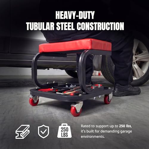 MaxWorks Mechanics Roller Seat - Heavy Duty 250 lb Capacity Rolling Creeper Stool with Padded Seat & 3-Section Tool Tray for Garage & Auto Repair (50875)