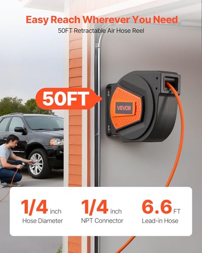 VEVOR Retractable Air Hose Reel, 1/4 Inch x 50 FT Hybrid Air Hose Max 300PSI, Enclosed Air-Compressor Hoses Reel Auto Rewind with 6.6 ft Lead in & Blow Gun, 180° Swivel Ceiling/Wall Mount