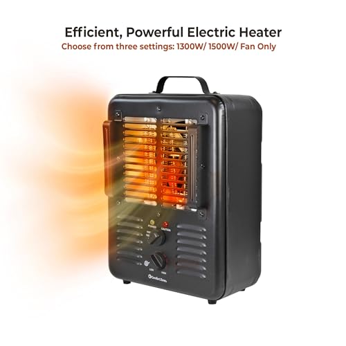 Comfort Zone 1500W Milkhouse Style Utility Space Heater – Portable Workshop & Garage Electric Heater with Adjustable Thermostat, 2 Heat Settings & Fan – All-Metal Housing & Safety Tip-Over Switch