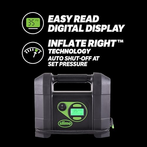 Slime 40047 Tire Inflator, Portable Car Air Compressor, Rugged, Inflate Right automatic shut off, with Digital 99 psi Display, Long Hose and LED Light, 12V, 4 min inflation