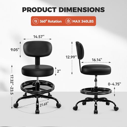 BestGlory Shop Stool with Wheels for Garage, Mechanics Rolling Chair with Backrest, Adjustable Height Heavy Duty Garage Stool with Footrest and Storage Tray, Swivel Task Chair for Workshop Salon