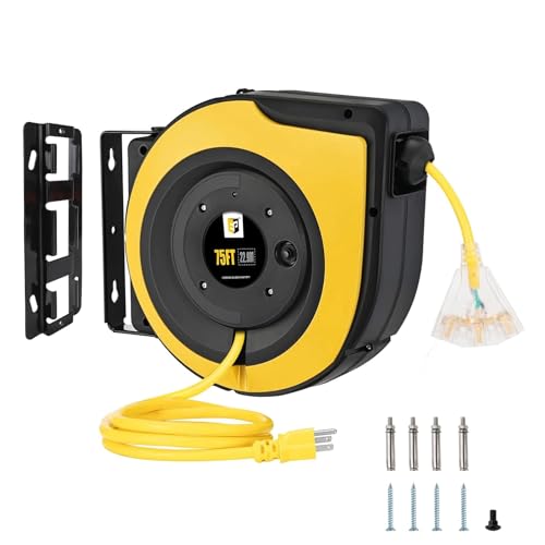 EP Retractable Extension Cord Reel,75 Feet 14 AWG/3C SJTOW Heavy Duty Power Cord,10 AMP Circuit Breaker, 3-Lighted Triple Outlets,Ceiling or Wall Mount Use Indoor, Yellow