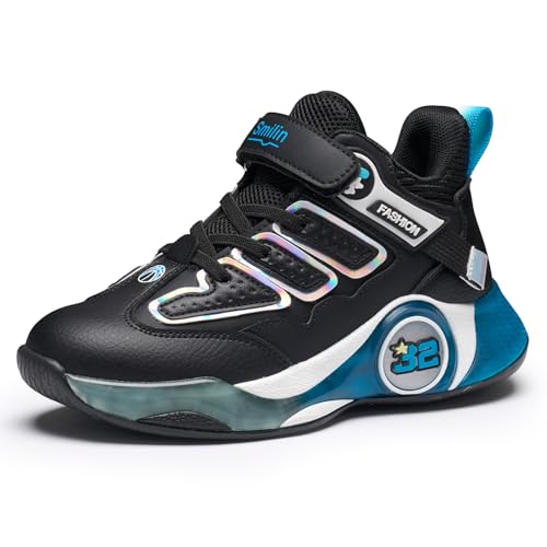 SMILIN Kids Sneakers for Boys, Lightweight Non-Slip Running Shoes with Hook & Loop Strap, Breathable Cushioned School Sports Basketball Shoes Size 11 Black