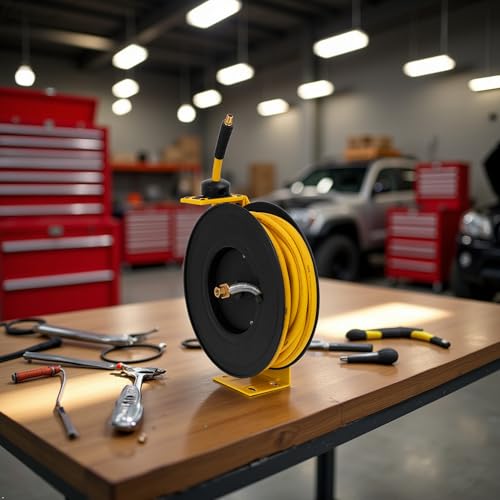 DEWALT 3/8 in. x 50 ft. Single Arm Air Hose Reel for Air Compressor, Auto Retracting Rubber Hose, Professional Grade, All Steel Construction, Retractable Hose, Durable and Efficient Design
