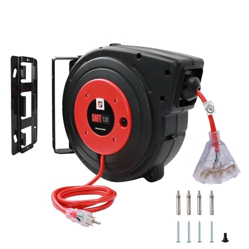 EP Retractable Extension Cord Reel, 50 Ft Heavy Duty Power Cord, 14 AWG/3C SJTOW, 13 AMP Circuit Breaker, Lighted Triple Tap, Ceiling or Wall Mount