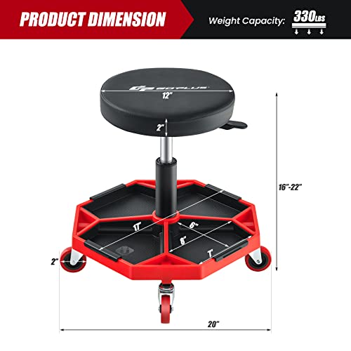 Goplus Rolling Garage Stool, 16”-22” Adjustable Mechanic Stool with Universal Wheels, Removable Magnetic Tool Tray, 2” Thick Padded Cushion, 330LBS Capacity, Roller Creeper Seat, Shop Chair