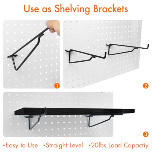 2 Pack Pegboard Shelves with Brackets, Peg Shelf Board with Hooks Fits 1/8" 1/4" Pegs Slots, Peg Board Organizer Accessories Various Tools Storage Arrange System for Garage Craft Workshop Workbench