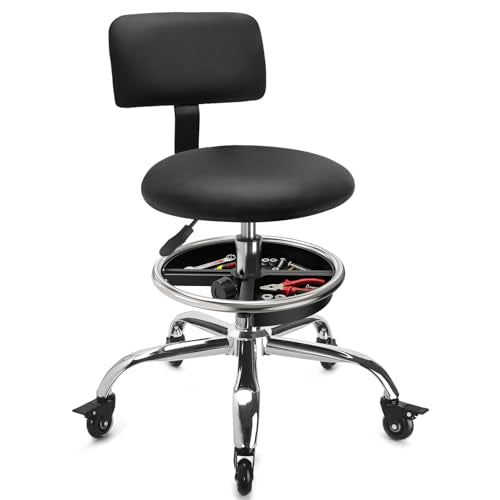 LWADALN Garage Stool with Backrest, Mechanics Rolling Chair Adjustable Footrest, Workshop Chair with Storage Tray, Rolling Shop Stool Height Adjustable, Swivel Task Chair for Salon Tattoo (Black)