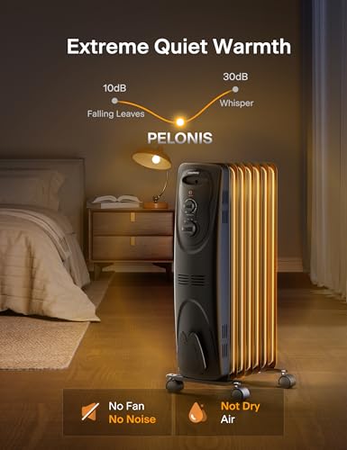 PELONIS Radiator Heater for Large Space, Electric Oil Filled Radiator, Dual Knobs, 1500W, Quiet Space Heater, 3 Modes, Tip-over Protection