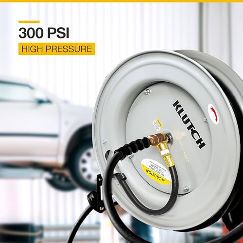 Klutch Auto-Rewind Air Hose Reel, 3/8in. x 50ft. Hose, 300 PSI