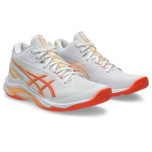 ASICS Women's Netburner Ballistic FlyteFoam Mid Top 4 Volleyball Shoes, 8, White/Vivid Coral
