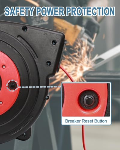 EP Retractable Extension Cord Reel, 50 Ft Heavy Duty Power Cord, 14 AWG/3C SJTOW, 13 AMP Circuit Breaker, Lighted Triple Tap, Ceiling or Wall Mount