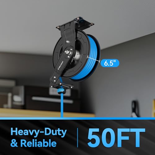 Relhost Retractable Air Hose Reel, 50 ft x 3/8 in Hybrid Air Hose Max 300PSI, Heavy Duty Air Compressor Hose Reel with Auto Rewind, Ceiling/Wall Mount for Garage, Workshop, Home Studio
