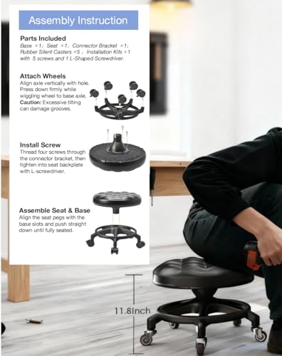 KinShare Upgraded Low-Profile Rolling Stool with 360° Smooth Rubber Wheels – Heavy-Duty 450lbs, Puffed PU Seat & Anti-Tip Base | Ideal for Home, Office, Salon, Workshop, Mechanic, Garage, Black