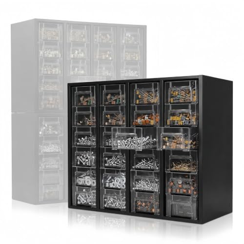 Nut and Bolt Organizer with 24 Clear Drawers, Heavy Duty Metal Hardware Organizer Cabinet, 48 Adjustable Dividers for Screws, Fasteners, Washers & Small Parts, Stackable Wall Mount Storage Cabinet