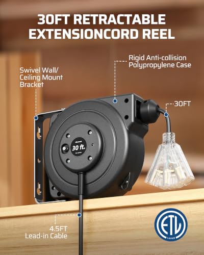 DEWENWILS 30FT Retractable Extension Cord Reel,16/3C SJTOW Cord Reel