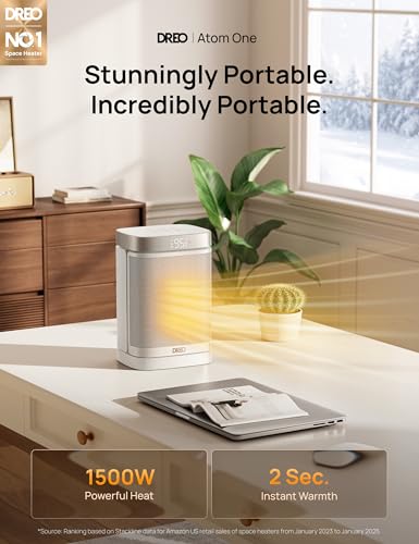 DREO Atom One Space Heater with Remote, 70°Oscillating Electric Heaters with Digital Thermostat, 1500W PTC Ceramic Heater, 12h Timer, Quiet Safety Heating, Portable Heater for Home Office