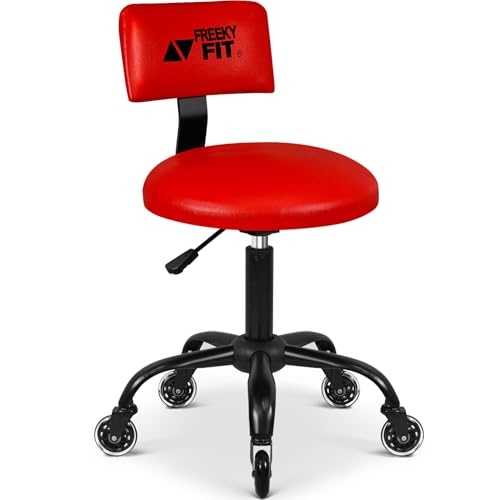 FreekyFit Rolling Shop Stool with Wheels, Mechanic Garage Short Stool Chair with Adjustable Height 15.55"-18.3", Heavy Duty Swivel Roller Seat for Garage, Salon and Tattoo Beauty, Red