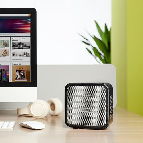 Amazon Basics Ceramic Portable Mini Space Heater for Office Desk, Indoor Use, Fast Heating, Energy Efficient, 500W, With Tip-Over Protection, Lightweight 1.4 lbs, Black, 5.87"D x 3.15"W x 5.95"H