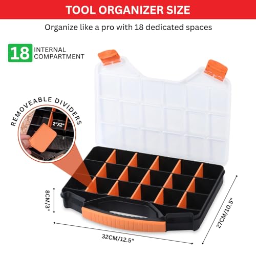 Andalus Tools Organizer Box, Small Parts Storage 18-Compartment Portable Hardware Organizer Removable Plastic Dividers for Screws, Nuts, Bolts, Nails – Orange (1 Pack, 12.75" x 10" x 1.75")