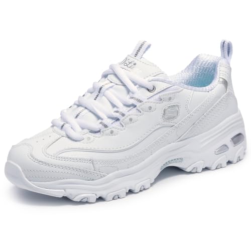 Skechers Women's D'lites Fresh Start Memory Foam Lace-up Sneaker, White/Silver, 9 Wide