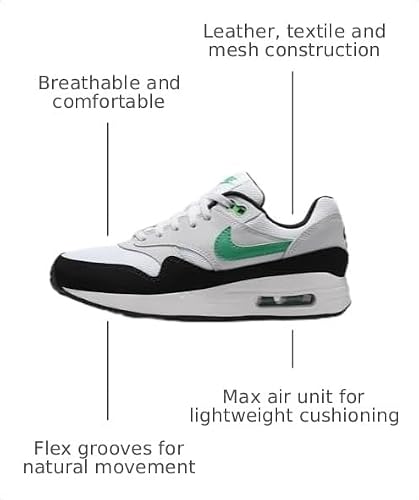 Air Max 1 Big Kids' Shoes (DZ3307-108, White/Pure Platinum/Black/Stadium Green) Size 6.5