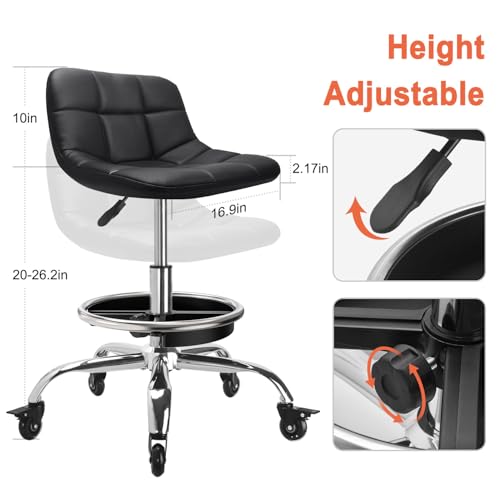 LWADALN Rolling Shop Stool Mechanics Rolling Chair with Backrest, Adjustable Height Heavy Duty Garage Stool with Footrest and Storage Tray, Swivel Task Chair for Workshop (Black-with Tool Tray)