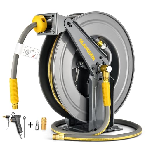 GLAHODEN Double Arm Air Hose Reel 50 ft Retractable, 1/2 in Hybrid Hose Heavy Duty Steel Professional Air Compressor Hose Reel with 5 ft Lead in Max 300PSI Auto Rewind Quick Coupler Swivel Fitting