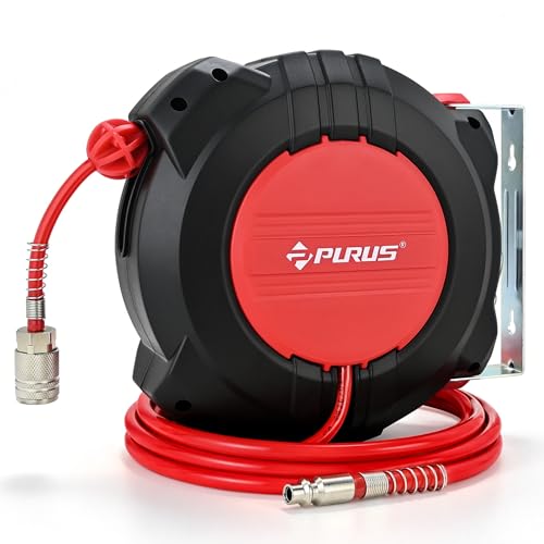 PURUS Retractable Air Hose Reel, 1/4" x 32ft, 180° Swivel Wall/Ceiling Mount, Auto Rewind, Hybrid Hose Max 145 PSI Pressure Air Compressor Hose Reel Quick Coupler for Workshop & Garage