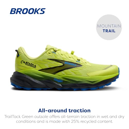 Brooks Men’s Cascadia 19 Mountain Trail Running Shoe - Sunny Lime/Black/Blue - 8 Medium