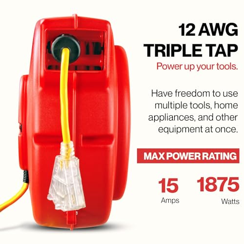 ReelWorks Extension Cord Reel Retractable Longest Industrial 12awg x 80' Foot Commercial Premium Grade Ultra Flexible 3C/SJTOW Glow Strip Cable and Led Light Up Triple Tap Connector Use Indoor/Outdoor