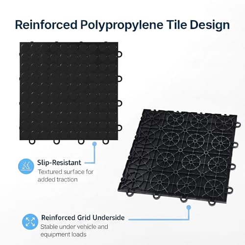 Nitro Tiles by FlooringInc 12" x 12" Interlocking Garage Floor Tiles, Coin Pattern Heavy Duty Polypropylene Flooring, Modular Snap-Together Non-Slip Floor Tile, Midnight Black, 24-Pack (24 Sq Ft)