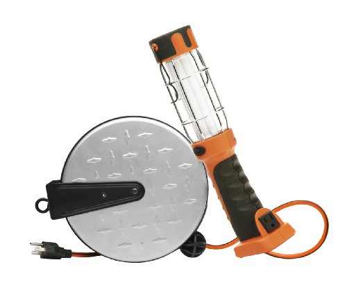 Woods Extension Cord Reel with Trouble Light, 30Ft, 16 Gauge, 3 Conductor, 13-Watt Fluorescent Light, Orange, E318