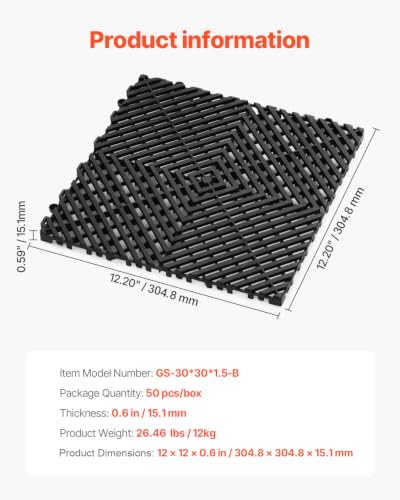 VEVOR Interlocking Drainage Mat, 12” x 12” Modular Interlocking Cushion, 50 Pcs Splicing Drainage Mats, Non-Slip PP Drainage Floor Tile and Shower Mat, for Garage, Garden, Kitchen & Outdoor, Black