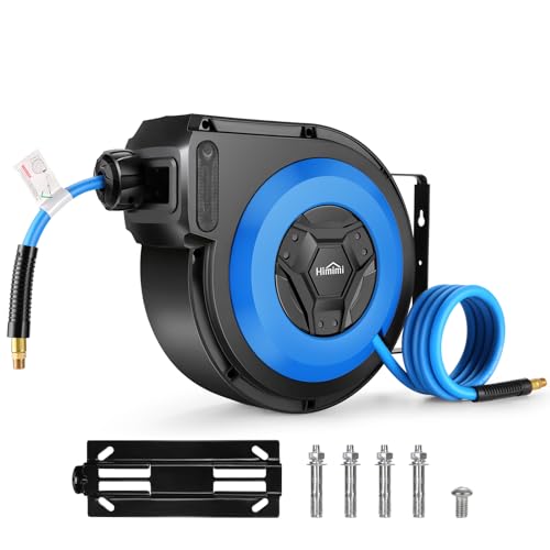 Himimi 50FT + 6.6FT Retractable Air Hose Reel, Ceiling/Wall Mount Penumatic Hose Reel for Garage Workshop, Auto Rewind, 3/8" x 50' Hybrid Air Hose Reel with Brass Fittings + Bend Restrictors, 300PSI