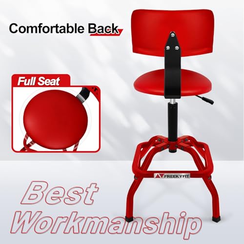 FreekyFit Shop Stool with Backrest, Mechanic Garage Stool for Workshop, Adjustable Shop Stools Chair, Padded Workbench Stools for Men Women, 300 LBS Capacity, 360° Swivel PVC Seat, Heavy Duty, Red