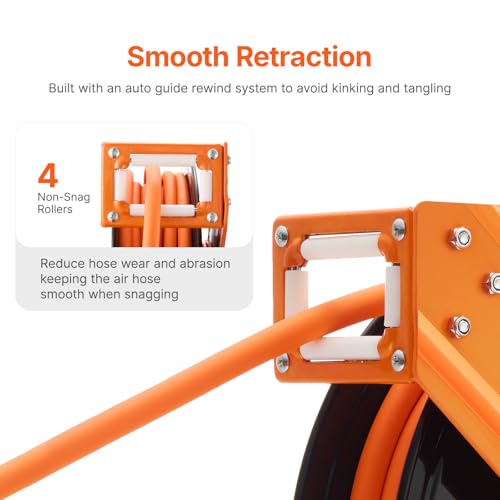 VEVOR Retractable Air Hose Reel, 3/8IN x 50FT Rubber Air Hose Max 300PSI, Air Compressor Hose Reel Auto-Rewind with 5FT Lead in, Ceiling/Wall Mount Heavy Duty Single Arm Reel & 180° Swivel Bracket