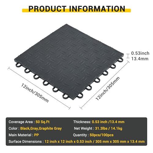 ExploreHorizon 50 Pack Garage Tiles Interlocking, 12"X12" Garage Floor Covering Tile, Non-Slip Double-Sided Texture Garage Flooring Tiles,for Garage, Basement, Workshop & Repair Shop, Graphite Gray