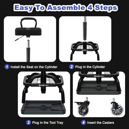 FREEKYROCK Rolling Shop Stool with Wheels, Garage Mechanic Shop Chair with Handle Backrest, Adjustable Height Work Stool, Roller Seat with Tool Tray Storage, Heavy Duty, 330 LBS Capacity, Black