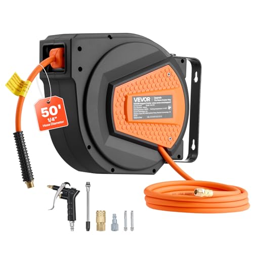 VEVOR Retractable Air Hose Reel, 1/4 Inch x 50 FT Hybrid Air Hose Max 300PSI, Enclosed Air-Compressor Hoses Reel Auto Rewind with 6.6 ft Lead in & Blow Gun, 180° Swivel Ceiling/Wall Mount