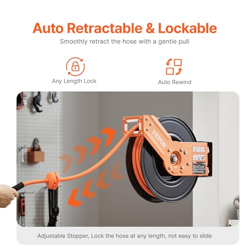 VEVOR Retractable Air Hose Reel, 3/8IN x 50FT Rubber Air Hose Max 300PSI, Air Compressor Hose Reel Auto-Rewind with 5FT Lead in, Ceiling/Wall Mount Heavy Duty Single Arm Reel & 180° Swivel Bracket