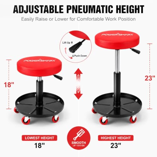 PowerSmart 330 LBS Capacity Roller Seat with Wheels, 360° Rolling Mechanic Stool, 18"-23" Adjustable Height, Tool Tray & Padded Seat for Garage, Workshop & Automotive Repair