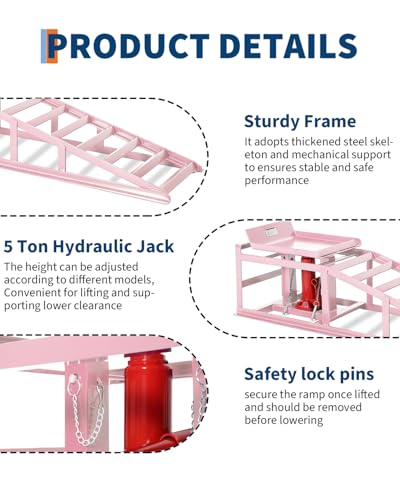 Garvee 2 Pack Hydraulic Car Ramps for Oil Changes, 5 t 11050 LBS Heavy Duty Steel Car Lift Ramp - Low Profile, High Lift 9.4 in-13.34 in, Safety Garage Ramps for Trucks & Vehicles, Pink