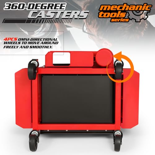 M-AUTO Mechanic Stool Garage Rolling Tool Chest Seat w/Drawer & Tray, 350LBS Capacity Multi-Function Adjustable Height Mechanic Creeper Seat for Projects Inside The Garage and Workshop, Red