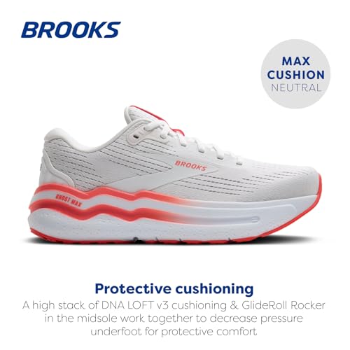 Brooks Women’s Ghost Max 2 Neutral Running & Walking Shoe - White/Hot Coral - 7.5 Medium