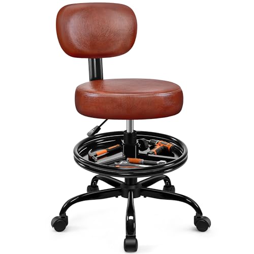 BestGlory Shop Stool with Wheels for Garage, Mechanics Rolling Chair with Backrest, Adjustable Height Heavy Duty Garage Stool with Footrest and Storage Tray, Swivel Task Chair for Workshop Salon