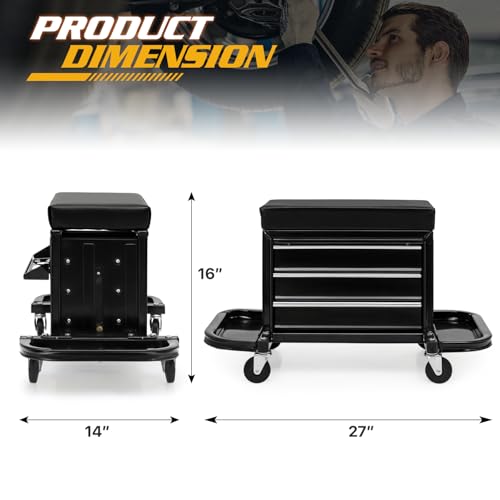 Magshion Garage Creeper Seat with 3-Drawer Storage, 350 lbs Capacity Rolling Mechanic Stool, Padded Shop Seat with Tool Tray, Adjustable Workshop Creeper Stool on Wheels for Auto Repair & Detailing
