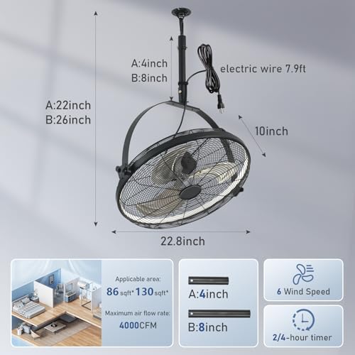 AHAWILL 22.8" Outdoor Hanging Ceiling Fan with Light - 360 Rotatable Fixed Angle,Plug-in,3CCT Dimmable,6 Speeds,Timer & Reversible,2-in-1 Hanging/Standing,Ideal for Gazebos,Patios,Tool Room,Garage.