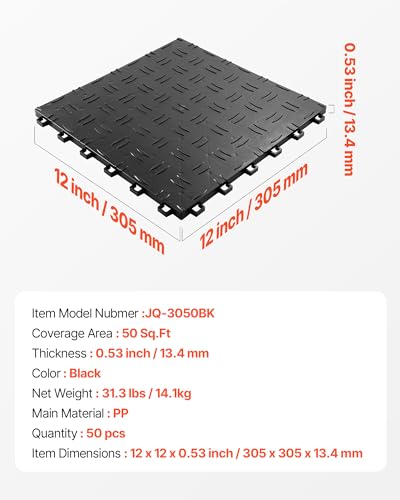 VEVOR Garage Floor Tiles 12 x 12 x 0.53 inch, Interlocking Design Ease of Installation Double-Sided Texture Non-Slip Sturdiness, for Garages, Basements, Repair Shops, Black, 50 Pack