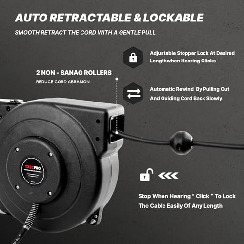 Txecpro Retractable Air Hose Reel, 1/4 IN x 45 FT Hybrid Air Hose Max 300 PSI, Air compressor hose reel with 5 ft Lead in, Ceiling/Wall Mounted air hose reel,Heavy Duty air tool